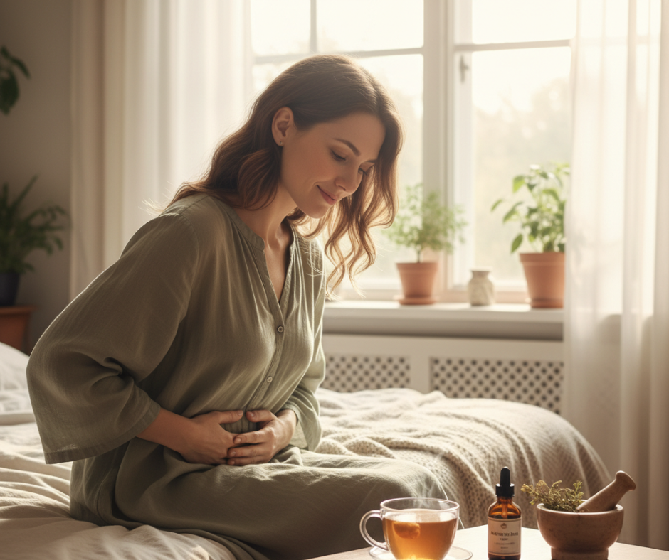 A realistic image of a woman gently holding her lower abdomen with a pained or uncomfortable expression, symbolizing pelvic pain caused by endometriosis. The setting should be a calm bedroom or wellness clinic with soft, natural lighting. Include subtle Ayurvedic elements such as herbal medicines, essential oils, or a cup of herbal tea on a nearby table to represent natural healing. The mood should convey compassion, relief, and hope — not distress.