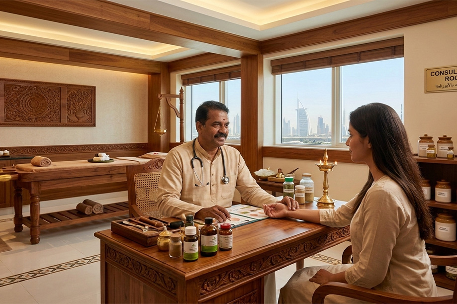 Authentic Ayurvedic therapy and consultation at Dhanwanthari Ayurvedic Medical Center LLC offering natural treatments and Panchakarma healing in Dubai.