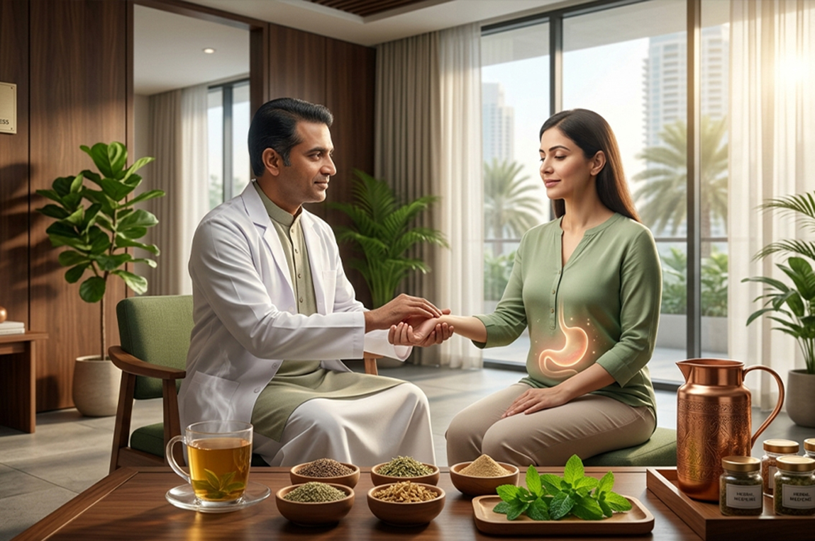 Ayurvedic treatment for acidity and digestive issues in summer in Dubai using natural herbal remedies