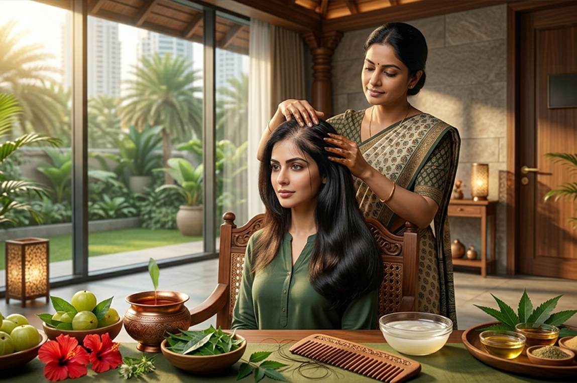 Ayurvedic treatment for hair fall in summer in Dubai with natural herbal scalp therapy and doctor consultation