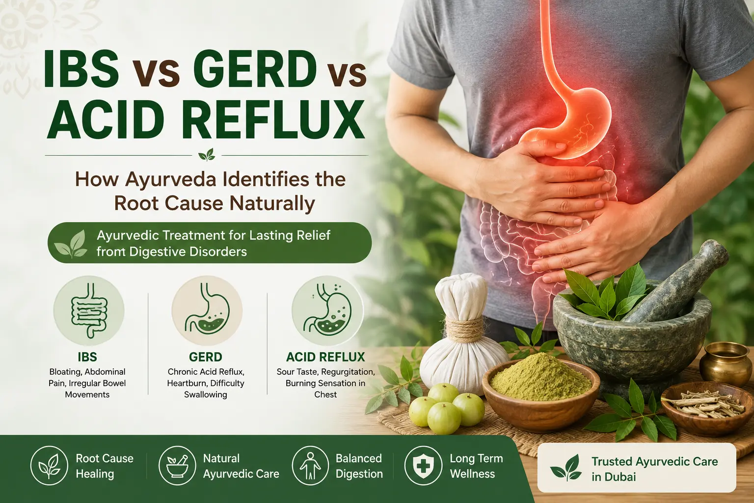 Ayurvedic treatment for IBS and GERD in Dubai helping manage acid reflux and digestive disorders naturally through personalized Ayurvedic care