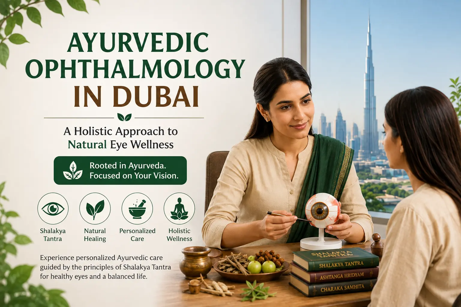 Ayurvedic physician providing an eye consultation for natural eye wellness at an Ayurvedic Ophthalmology clinic in Dubai.