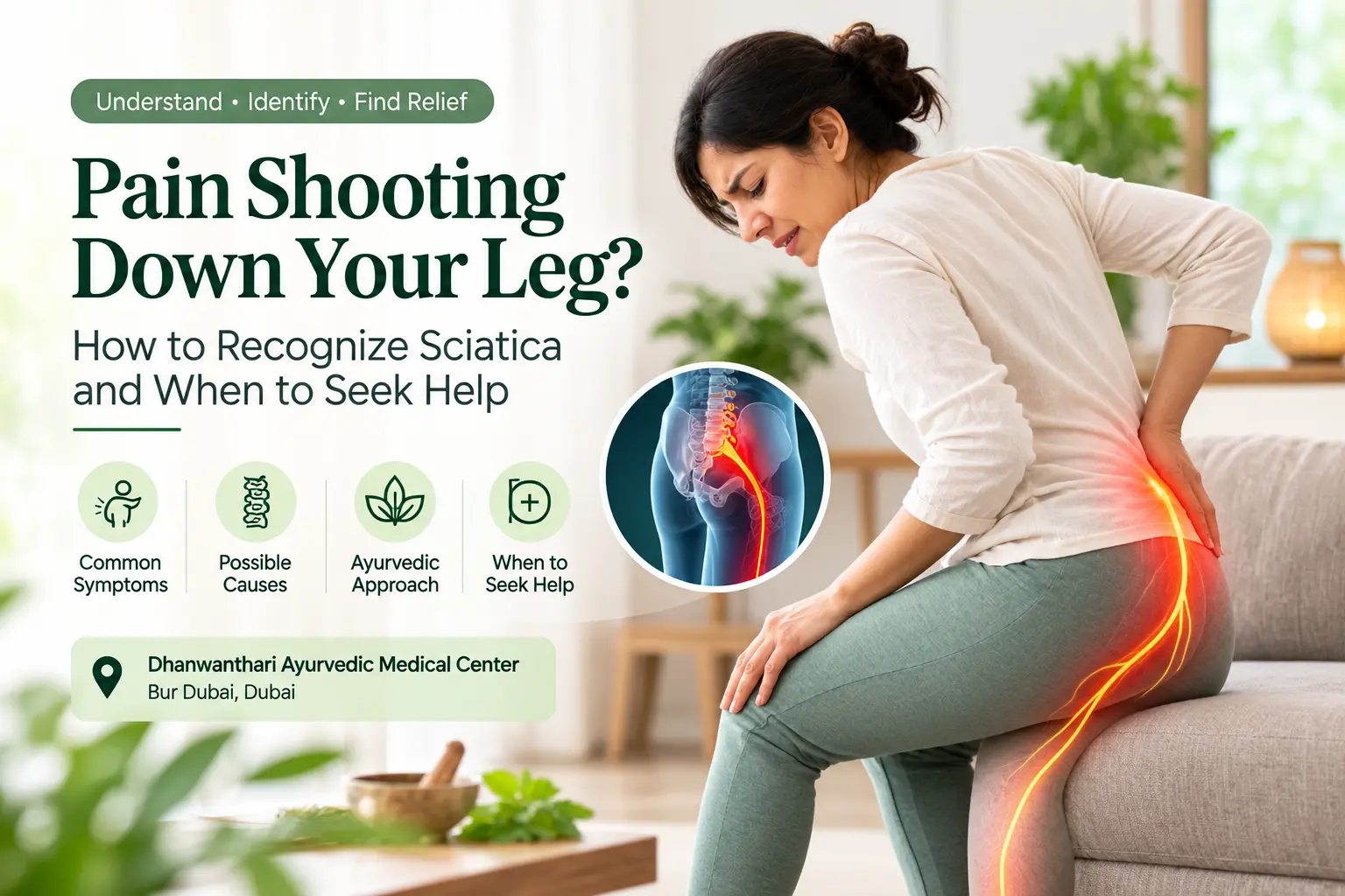 Pain shooting down the leg and sciatica symptoms at an Ayurvedic clinic in Dubai