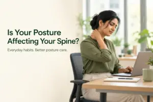 Woman holding her neck while using a laptop, illustrating posture-related discomfort.