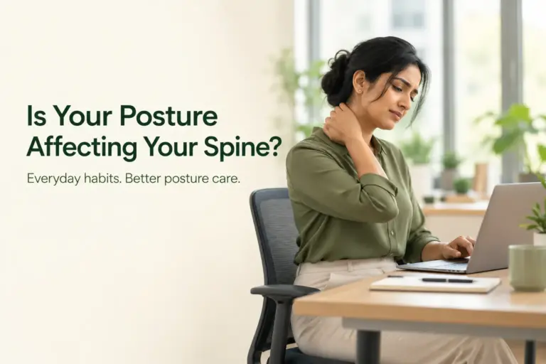 Woman holding her neck while using a laptop, illustrating posture-related discomfort.
