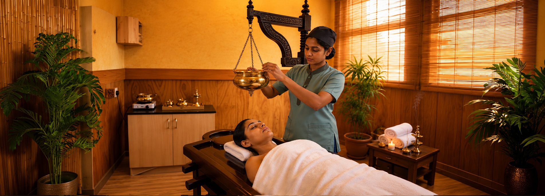 Female Ayurvedic therapist performing Shirodhara therapy at Dhanwanthari Ayurvedic Medical Center in Dubai.